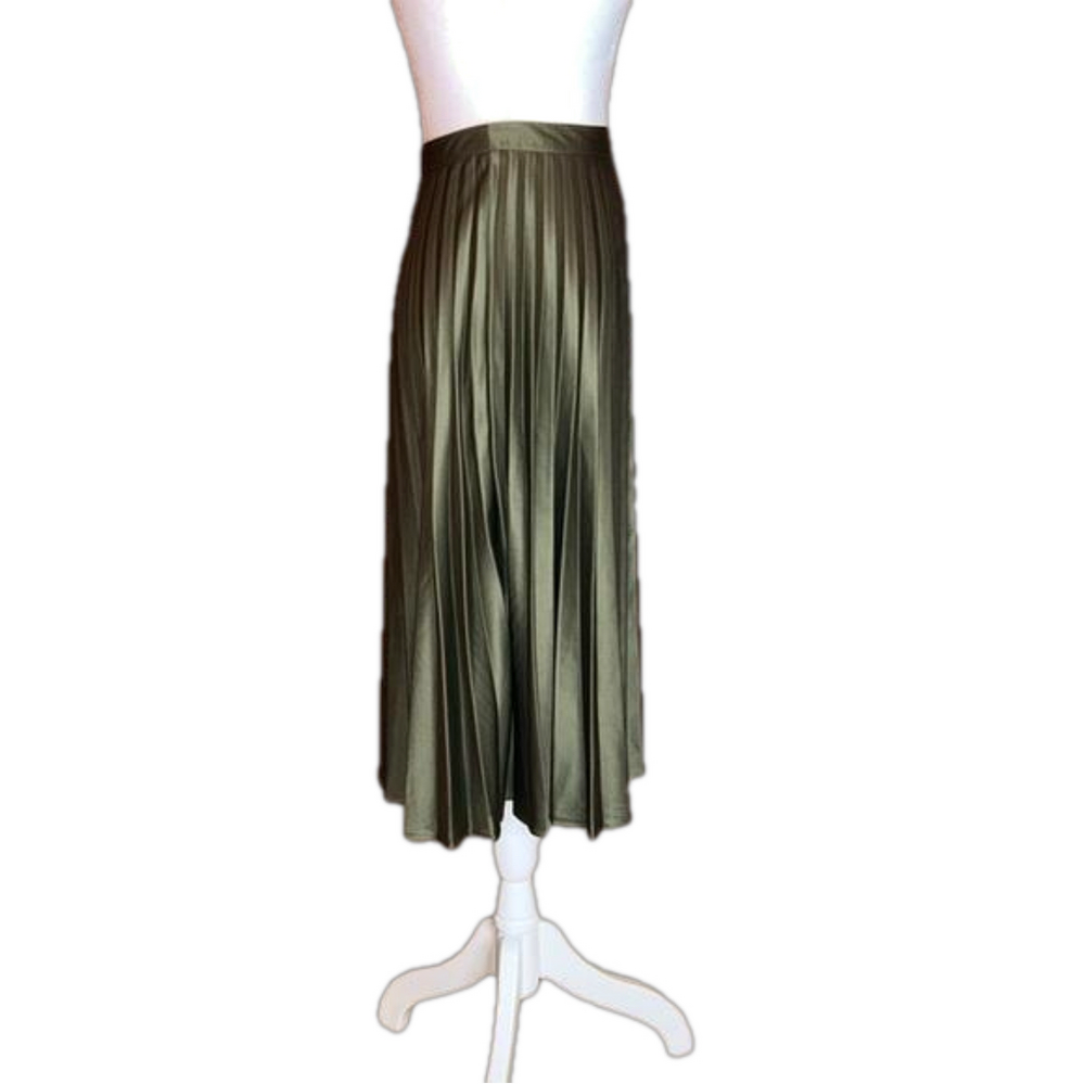TOPSHOP PETITE Accordion Pleated Satin Olive Green Skirt, Size 0 - Picture 4 of 11